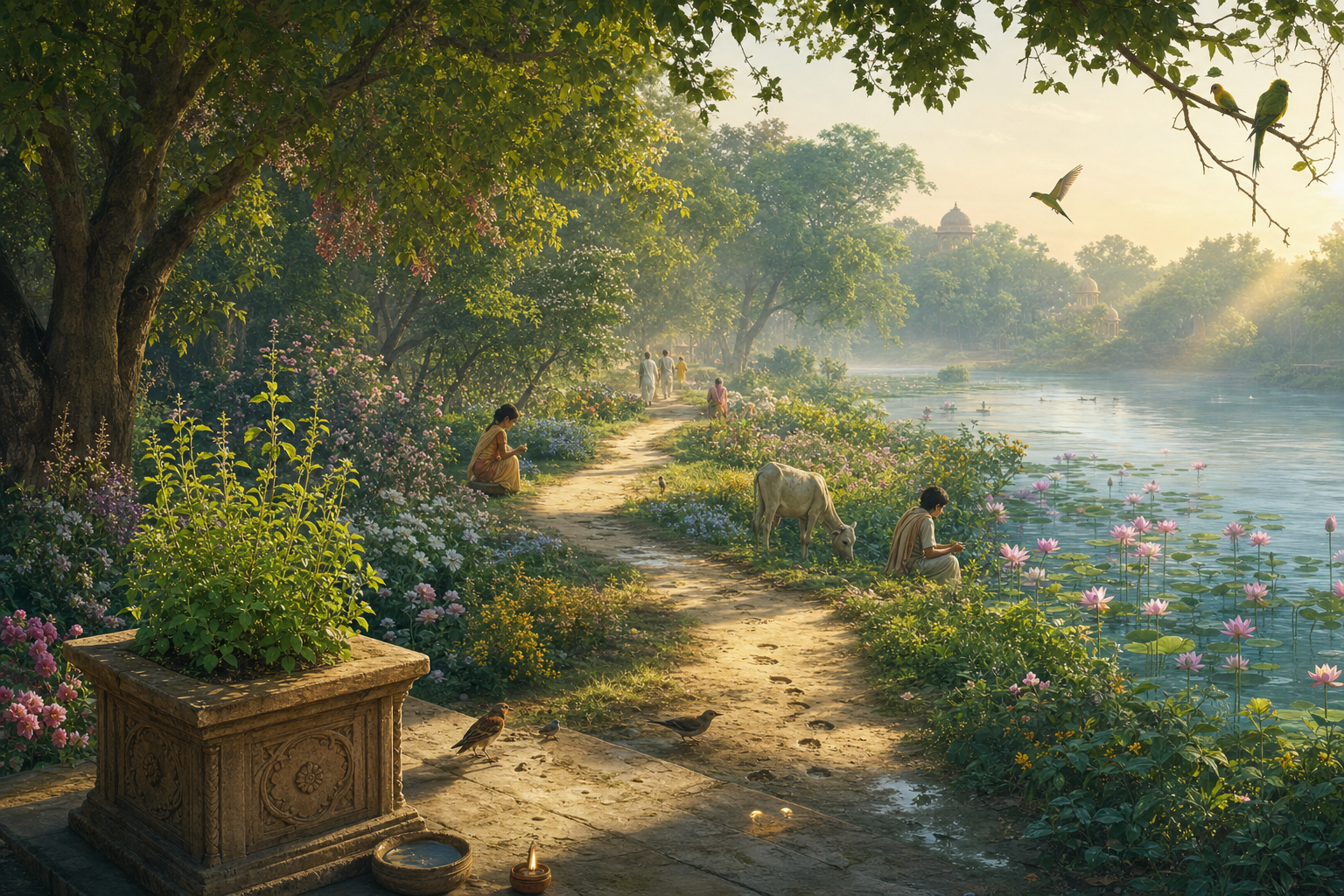 A winding path passes through a flowering Vrindavan grove toward the Yamuna as visitors pause beside plants, birds, and riverbank details.