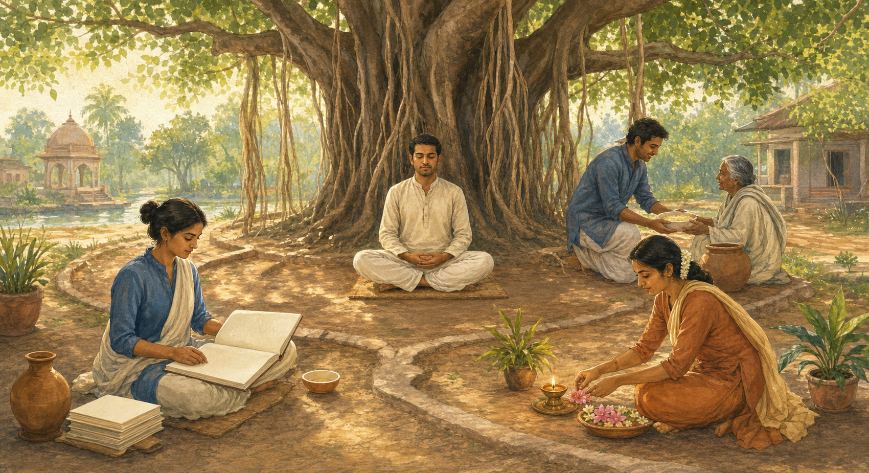 Four people study, serve food, meditate, and offer flowers around a calm figure seated beneath a banyan tree.