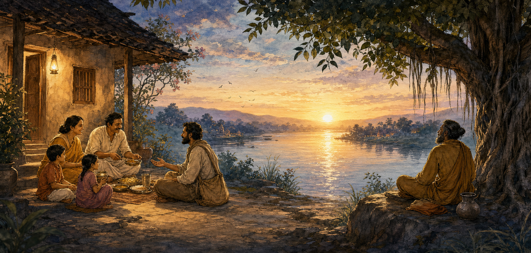 A family offers a meal to a traveler in a riverside home while a mendicant rests beneath a banyan tree beside the same river.