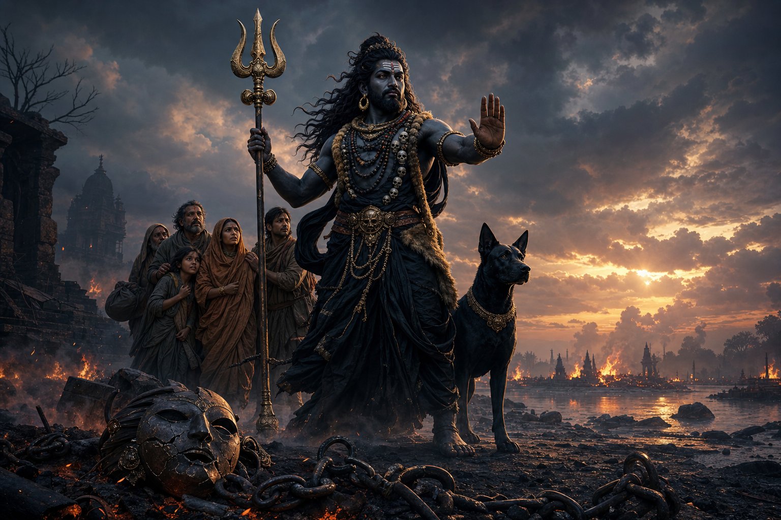 Bhairava raises a reassuring hand while guarding travelers in a dark landscape lit by distant fires, with a dog beside him and broken chains on the ground.
