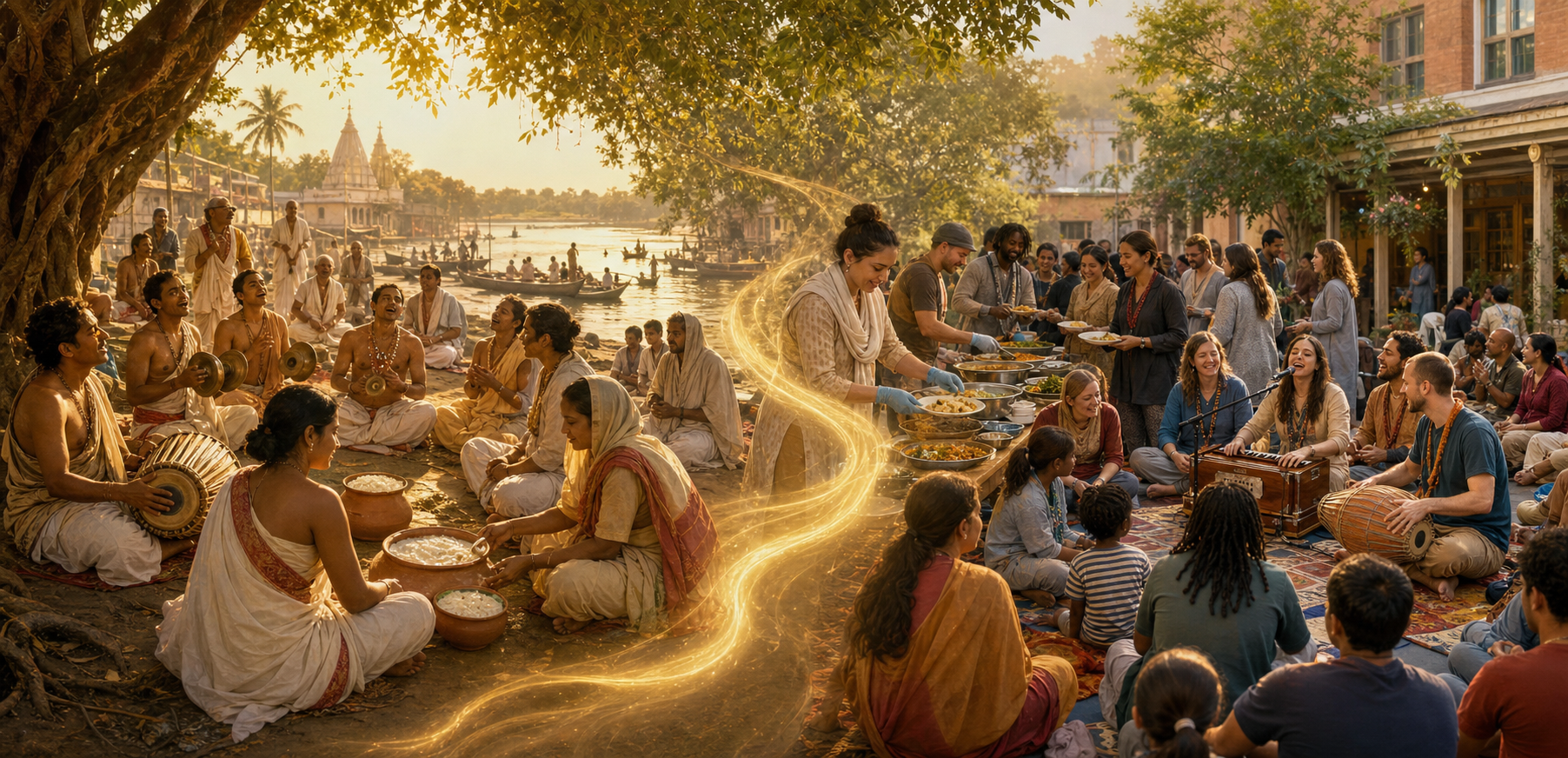 A historic Bengali riverside food festival flows into a modern community gathering with volunteers serving vegetarian food and musicians leading group chanting.