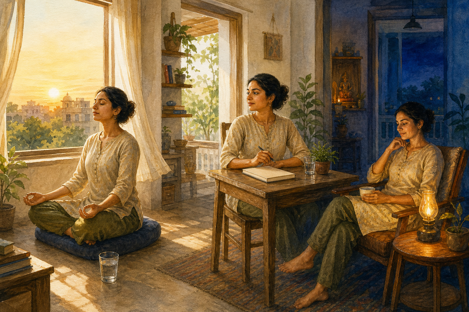 A person moves through morning meditation, purposeful daily activity, and quiet evening reflection in a simple home.