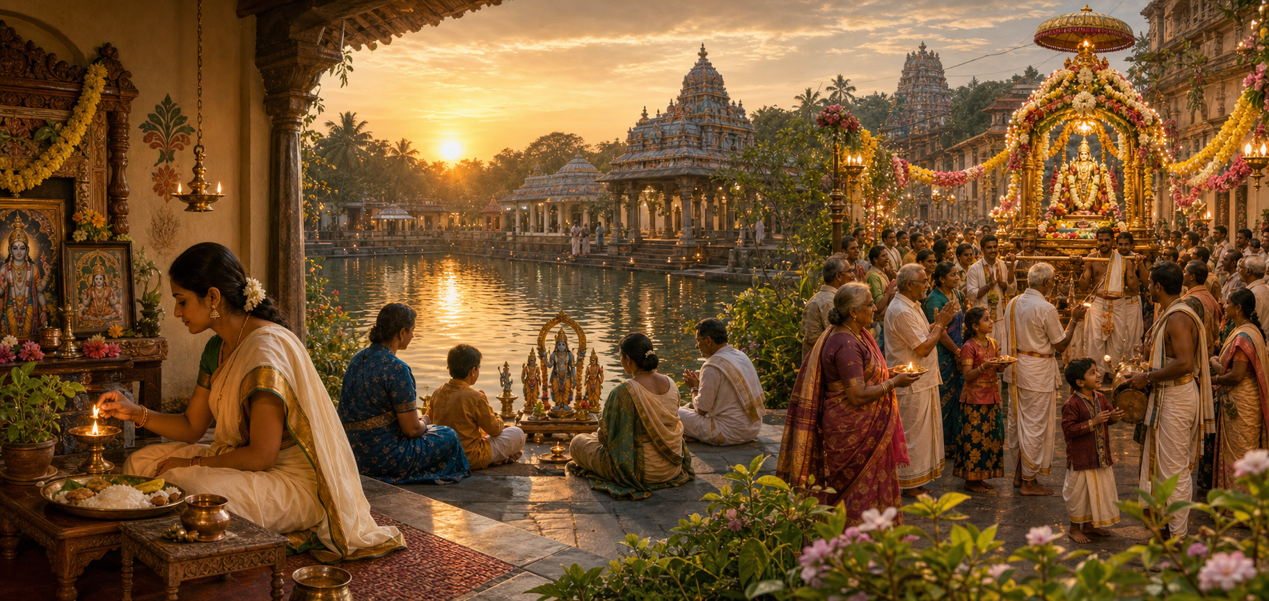 Three connected scenes show private home worship, quiet contemplation and a public Vaishnava temple procession.