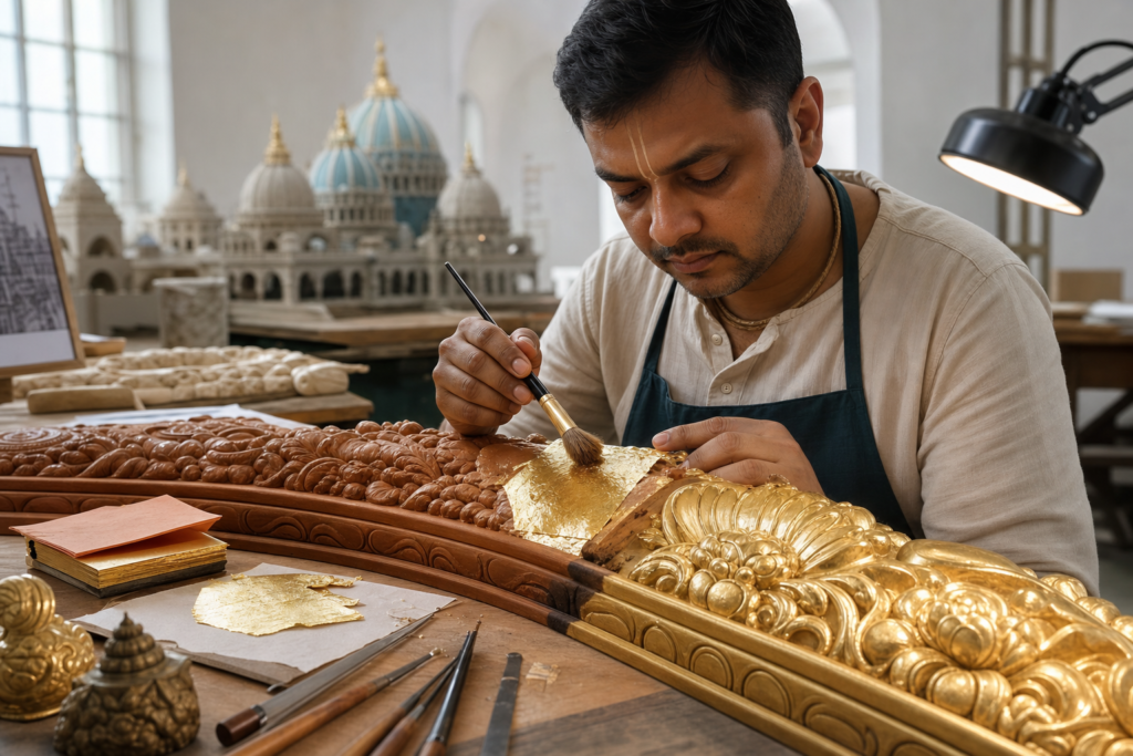 Indian artisan applying gold leaf to an intricately carved temple ornament in a Mayapur workshop