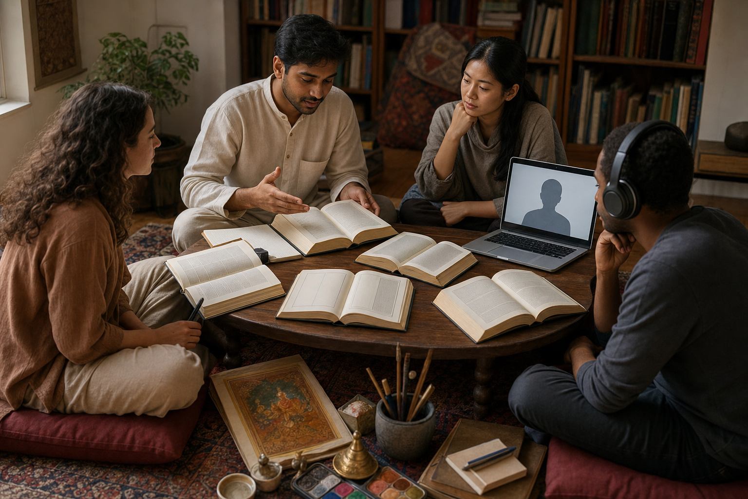 An international study circle compares different editions of a sacred book while one participant joins an online lesson.