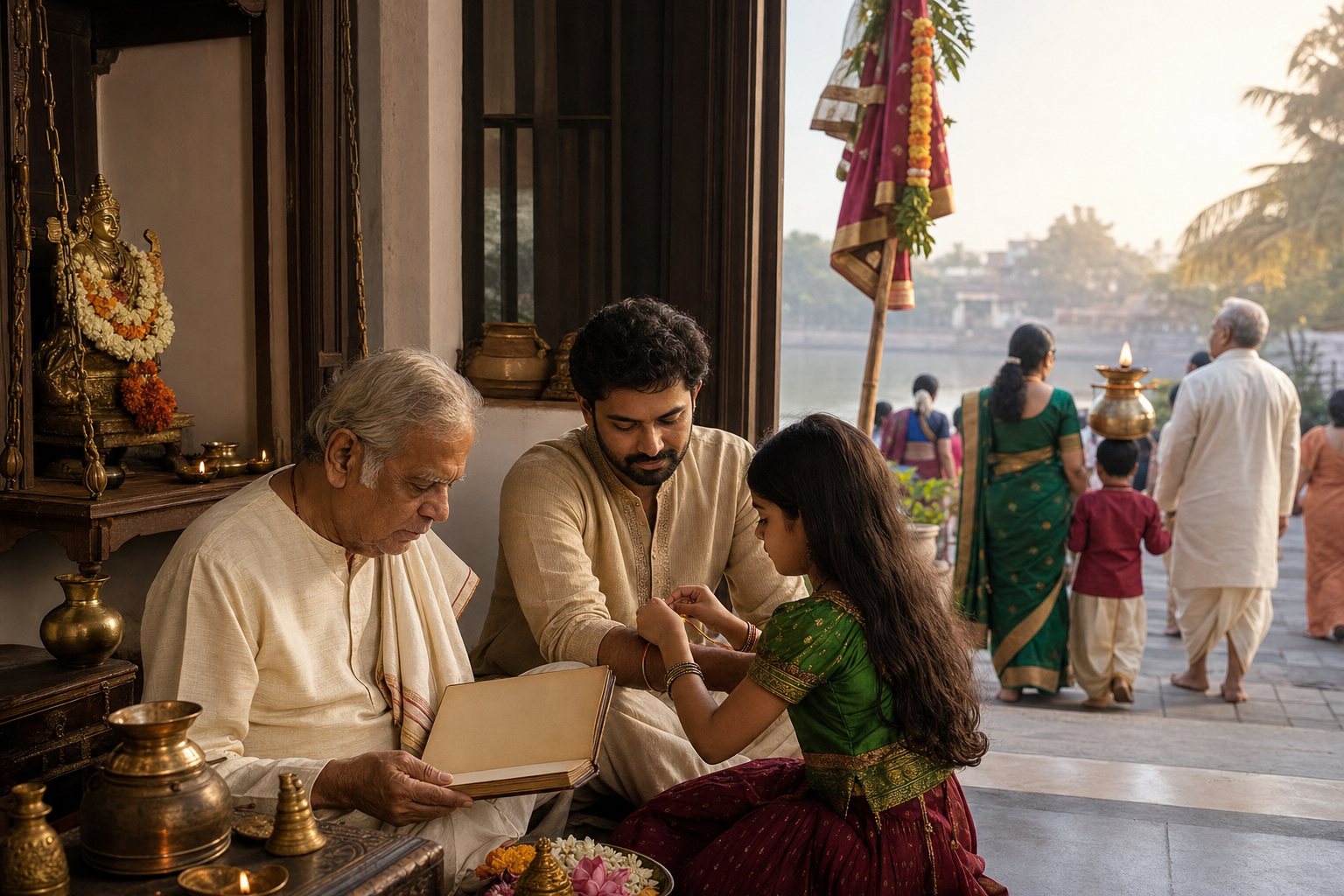 Three generations gather for prayer and almanac reading while neighbors carry a decorated offering toward a river.