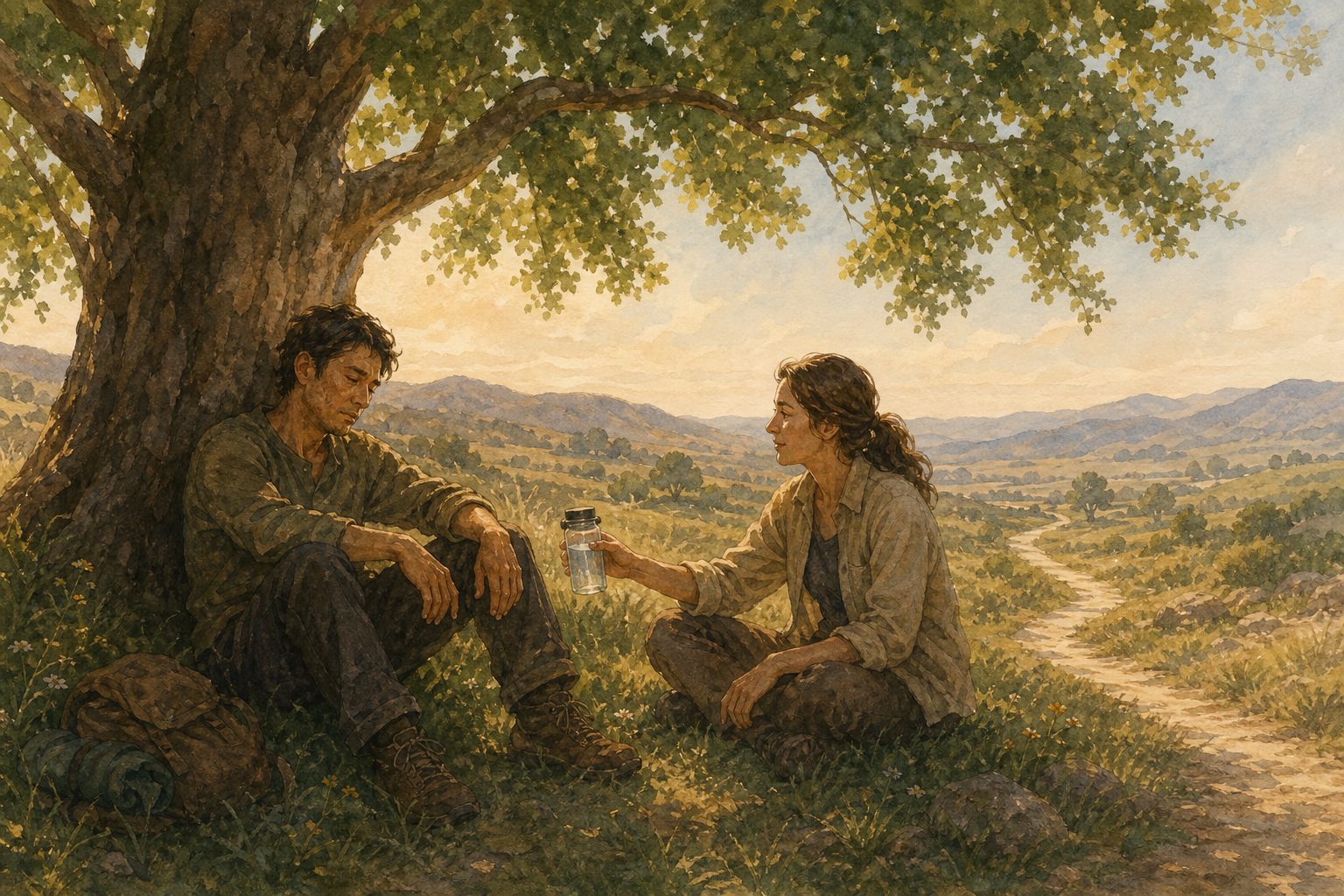 A weary person rests under a tree while a companion sits beside them and offers water on a quiet path.
