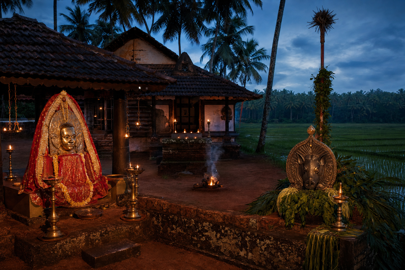 A lamp-lit daivasthana courtyard with ceremonial emblems representing two guardian traditions, bordered by ancestral homes, areca palms and cultivated land.