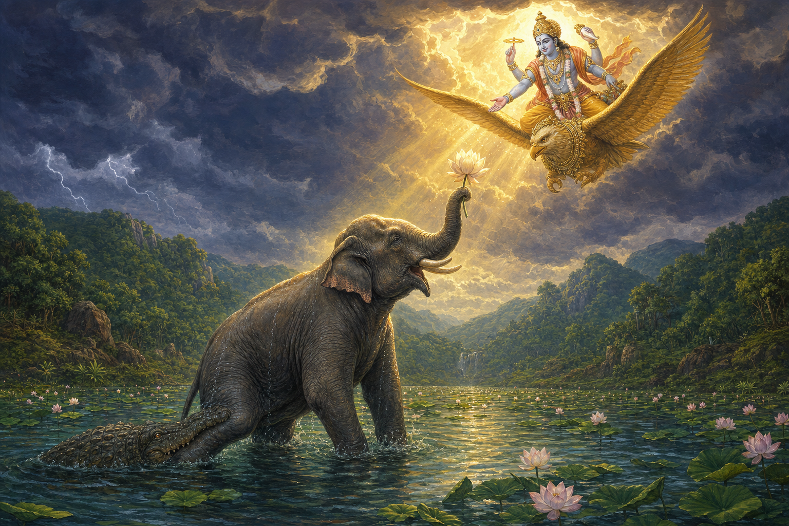 Gajendra raises a lotus from a lake toward Vishnu descending on Garuda while a crocodile grips the elephant's rear leg underwater.