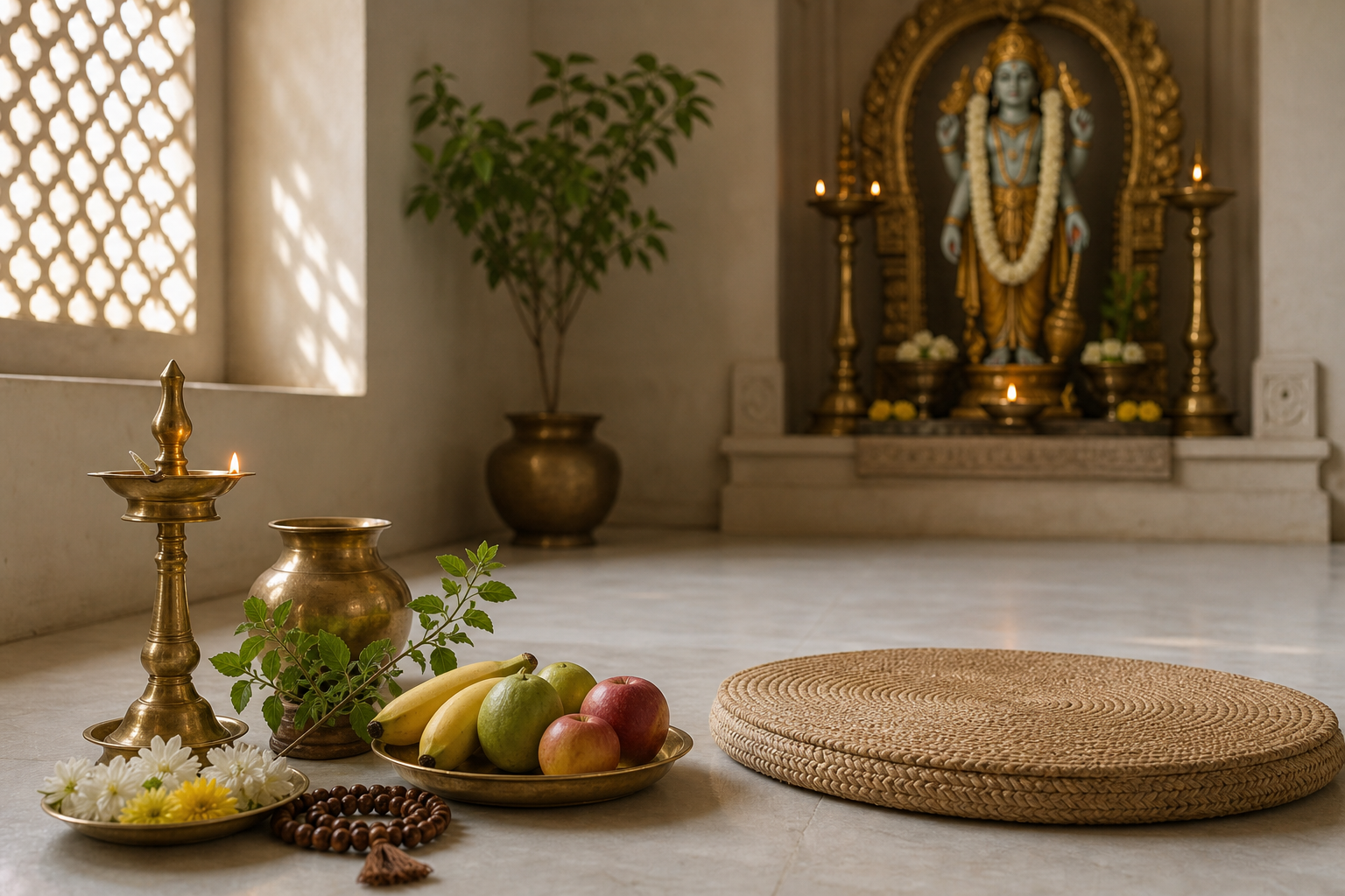 A simple prayer space contains a lamp, water vessel, tulsi leaves, flowers, prayer beads and fruit before a Vishnu shrine.