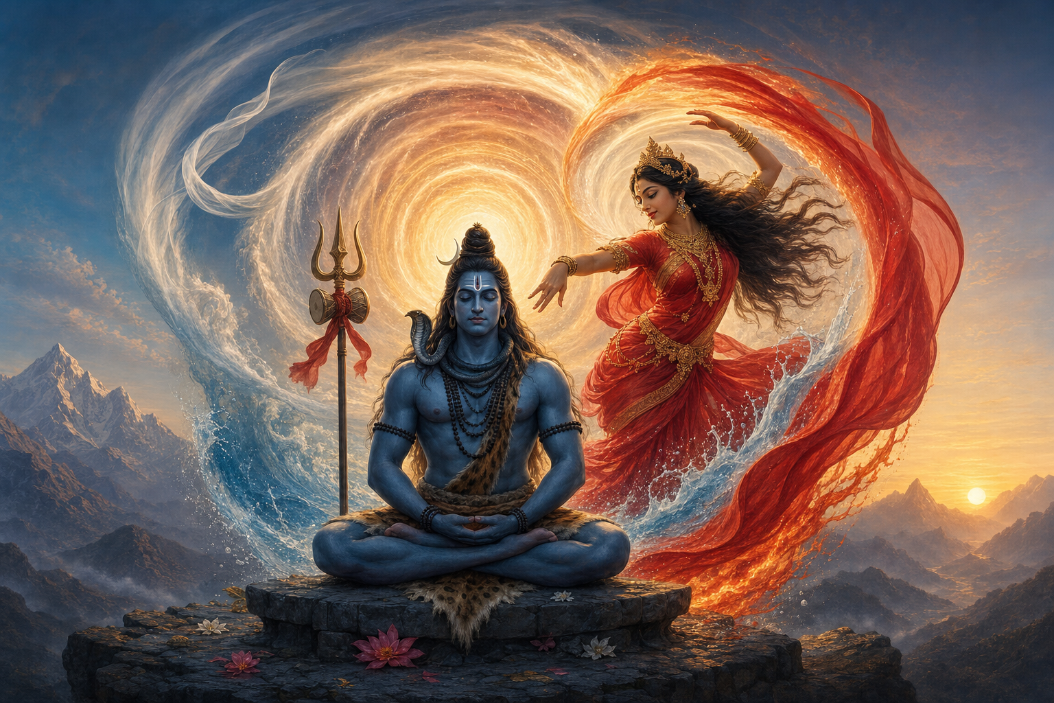 Meditating Shiva forms the still center of a luminous spiral created by the moving figure of Shakti, with mountains and dawn light behind them.