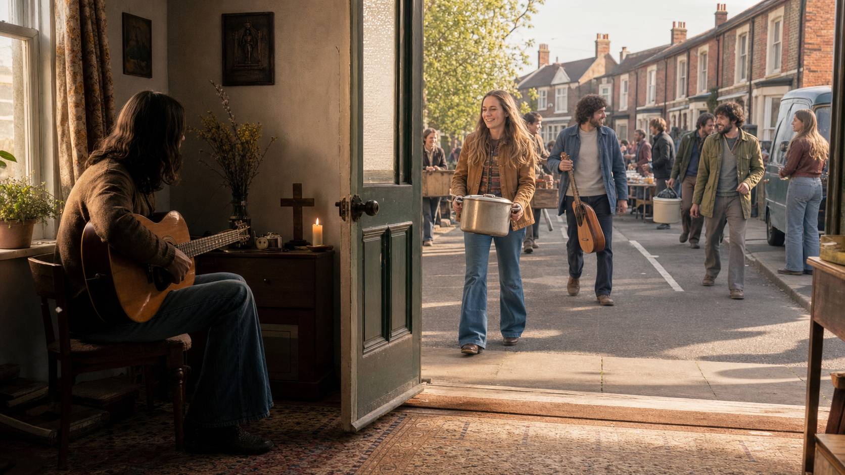 An anonymous musician sits in quiet reflection while volunteers carry instruments and food supplies through an open doorway to a public gathering.