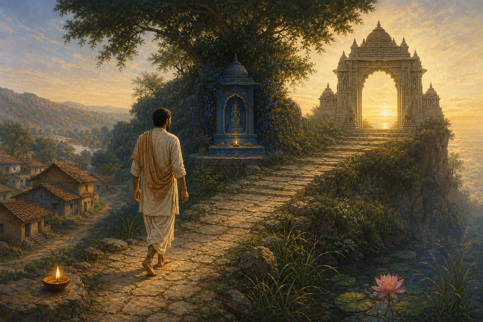 A pilgrim follows a stone path past an oil lamp and lotus toward a glowing temple gateway at dawn.