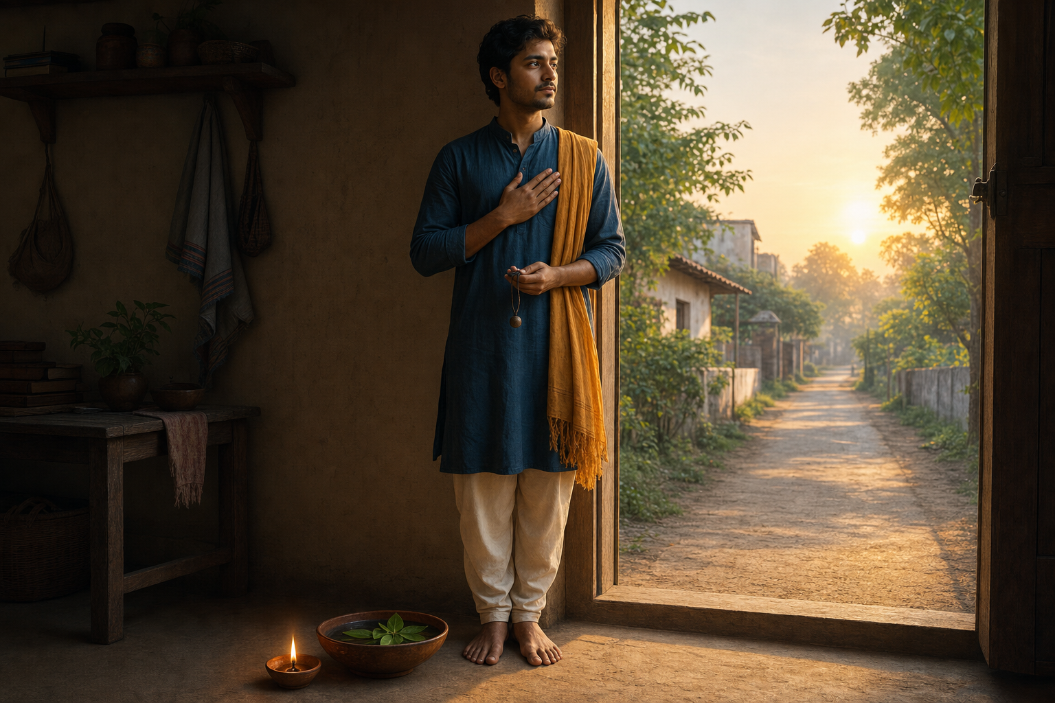 A calm person stands in a home doorway at dawn beside a glowing clay lamp, holding a small amulet while looking toward a sunlit path.