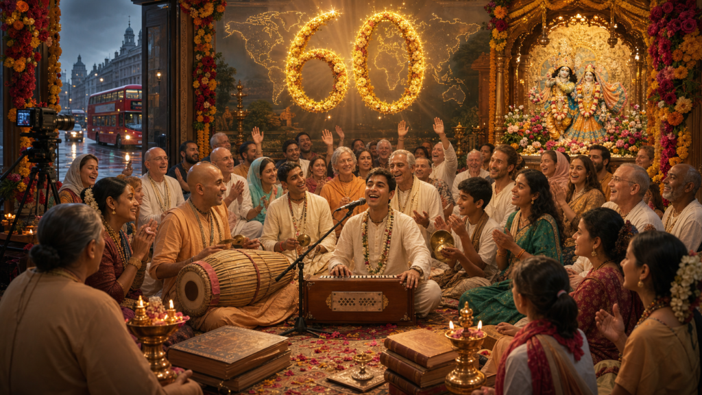 Diverse Hare Krishna congregation celebrating 60 years with kirtan, harmonium and drums in a flower-filled London temple.