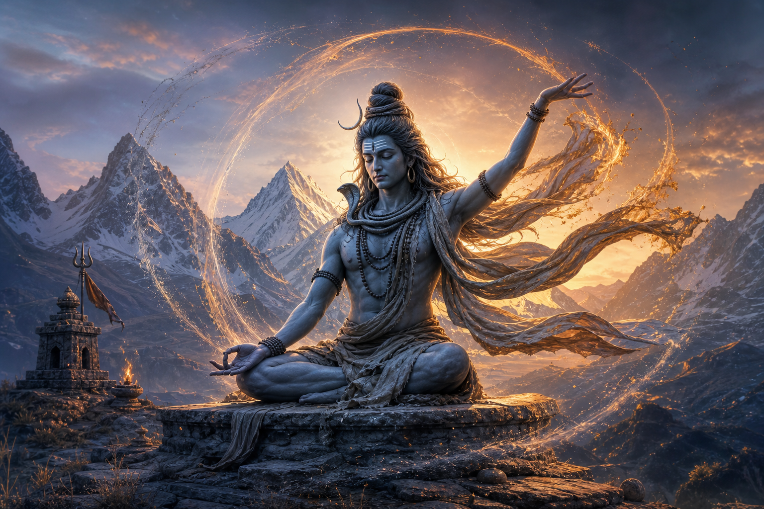 A serene depiction of Shiva meditating as flowing cloth and a circular arc of light suggest a transition into cosmic dance.