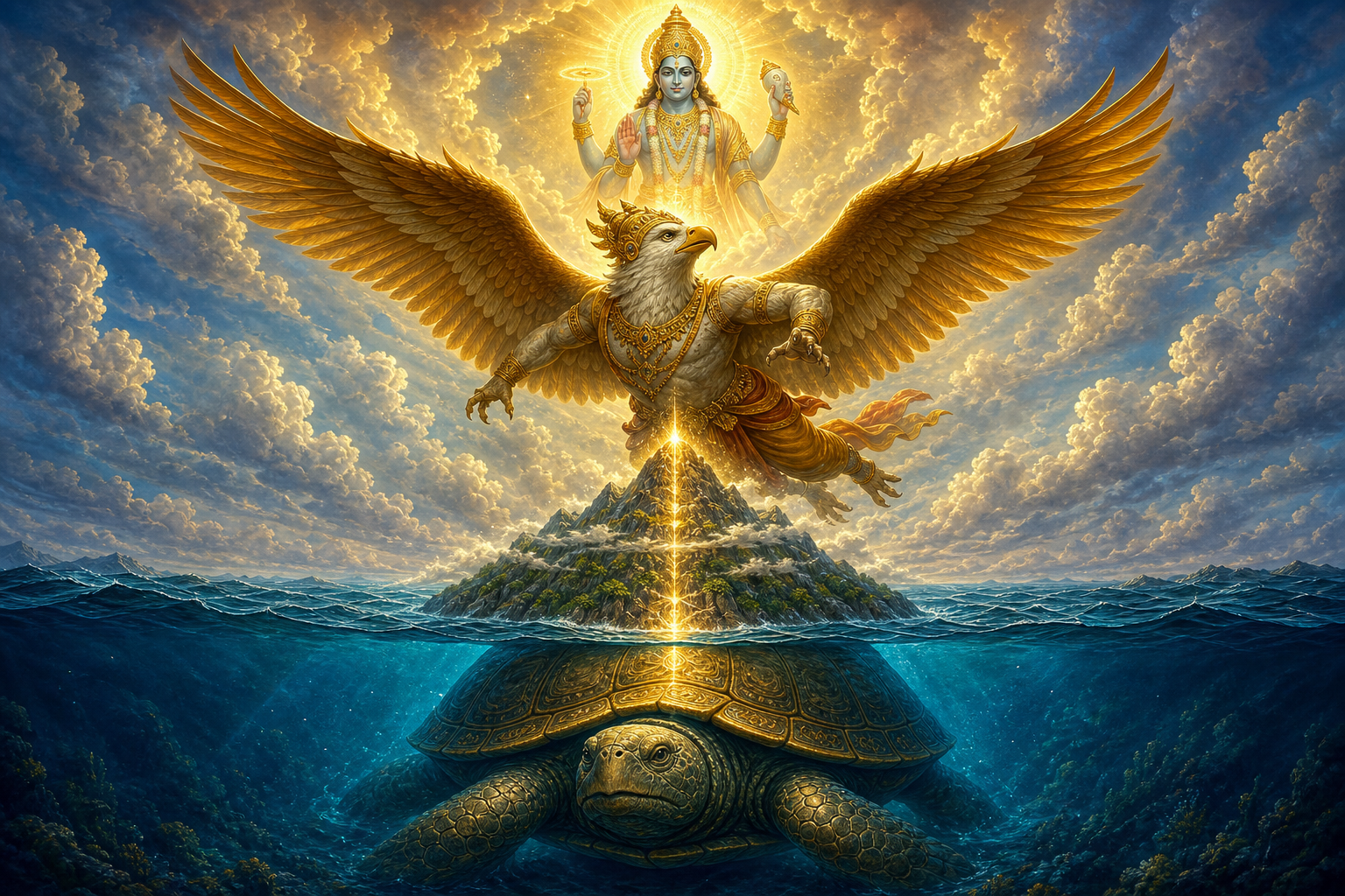 Garuda rises with outstretched wings above Kurma supporting a sacred mountain in a cosmic ocean.