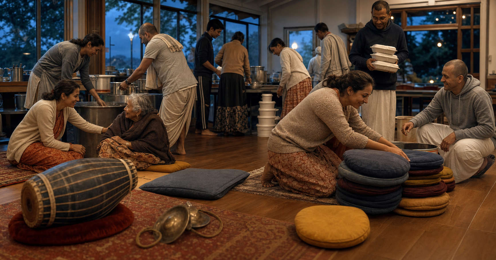 Volunteers clean a community hall, pack meals, and help an older member after a devotional gathering.