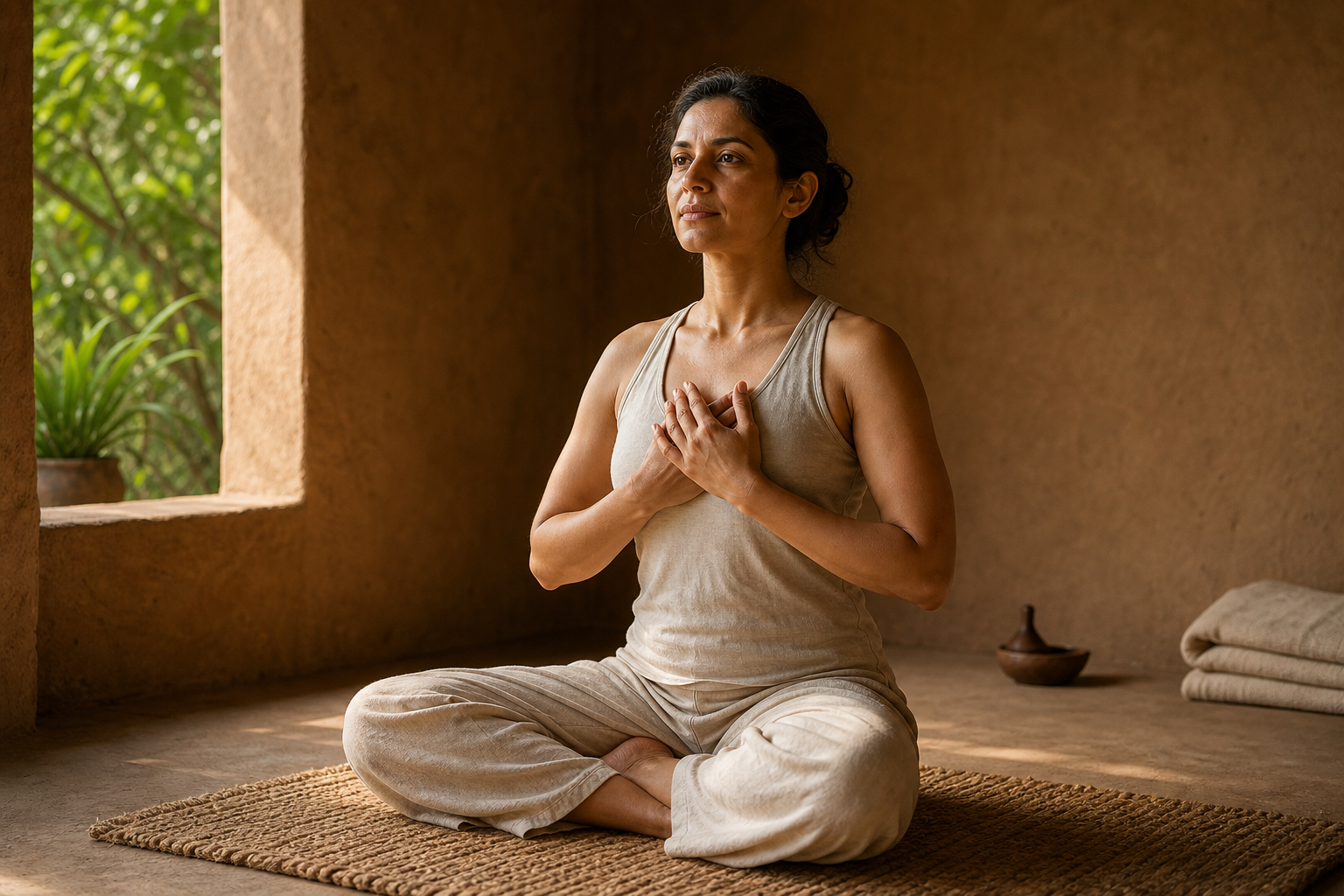 A seated practitioner holds a mudra near the heart while maintaining an upright posture and focused gaze in a quiet practice room.