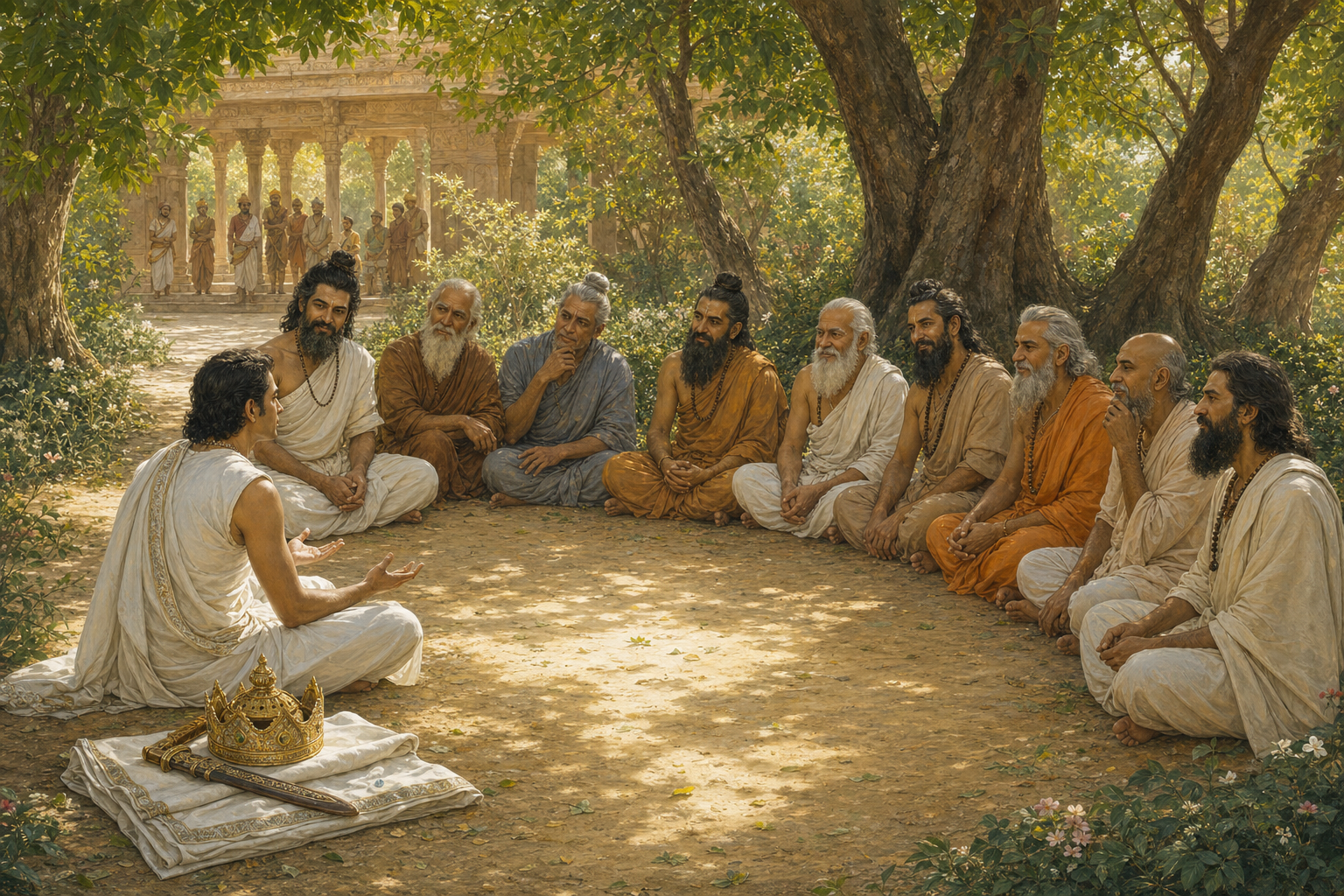A king sits on the ground with his crown and sword set aside as he listens to nine sages in a palace garden.