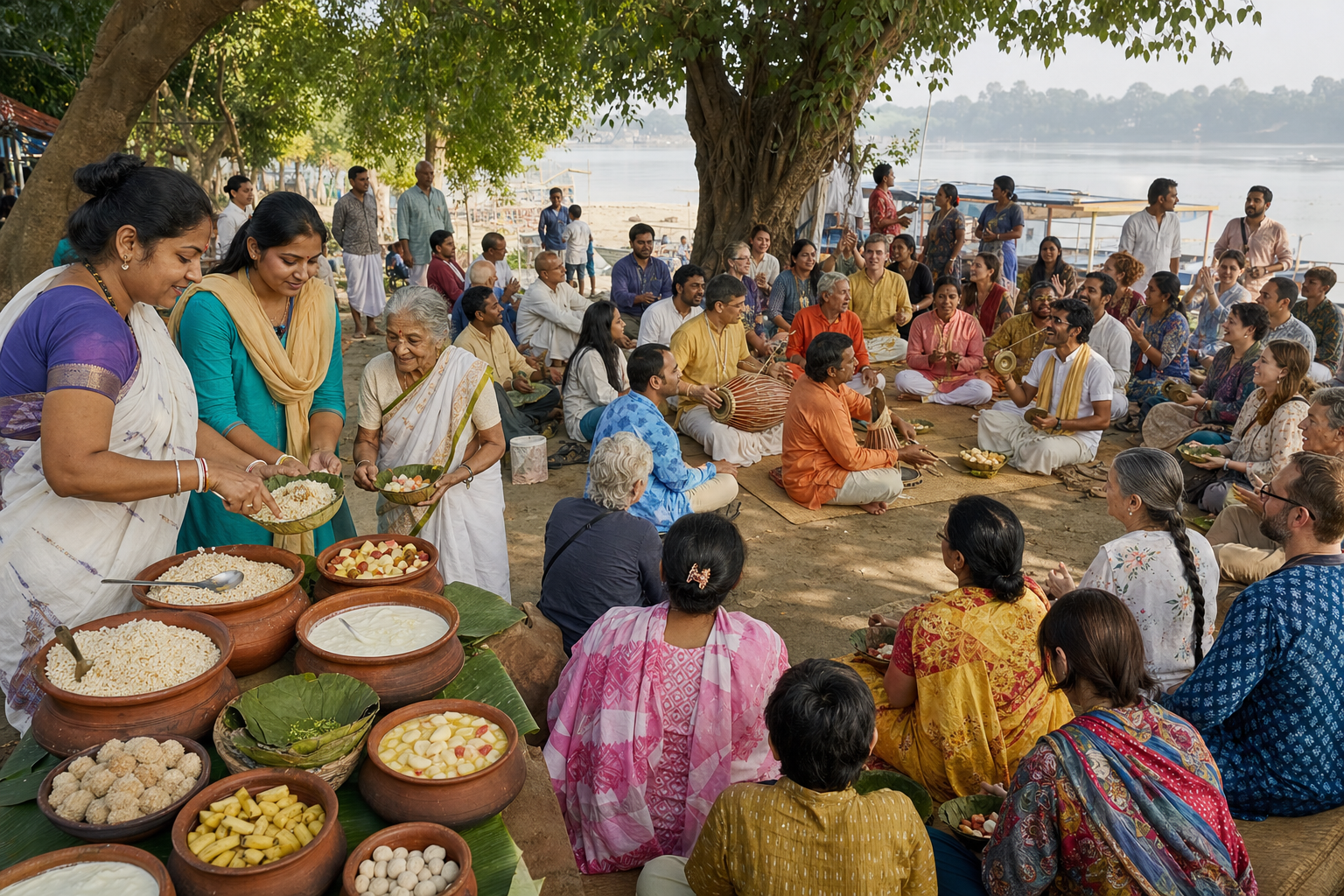 Volunteers serve chipped rice and yogurt from clay pots while a nearby circle sings and plays cymbals and a double-headed drum by a river.