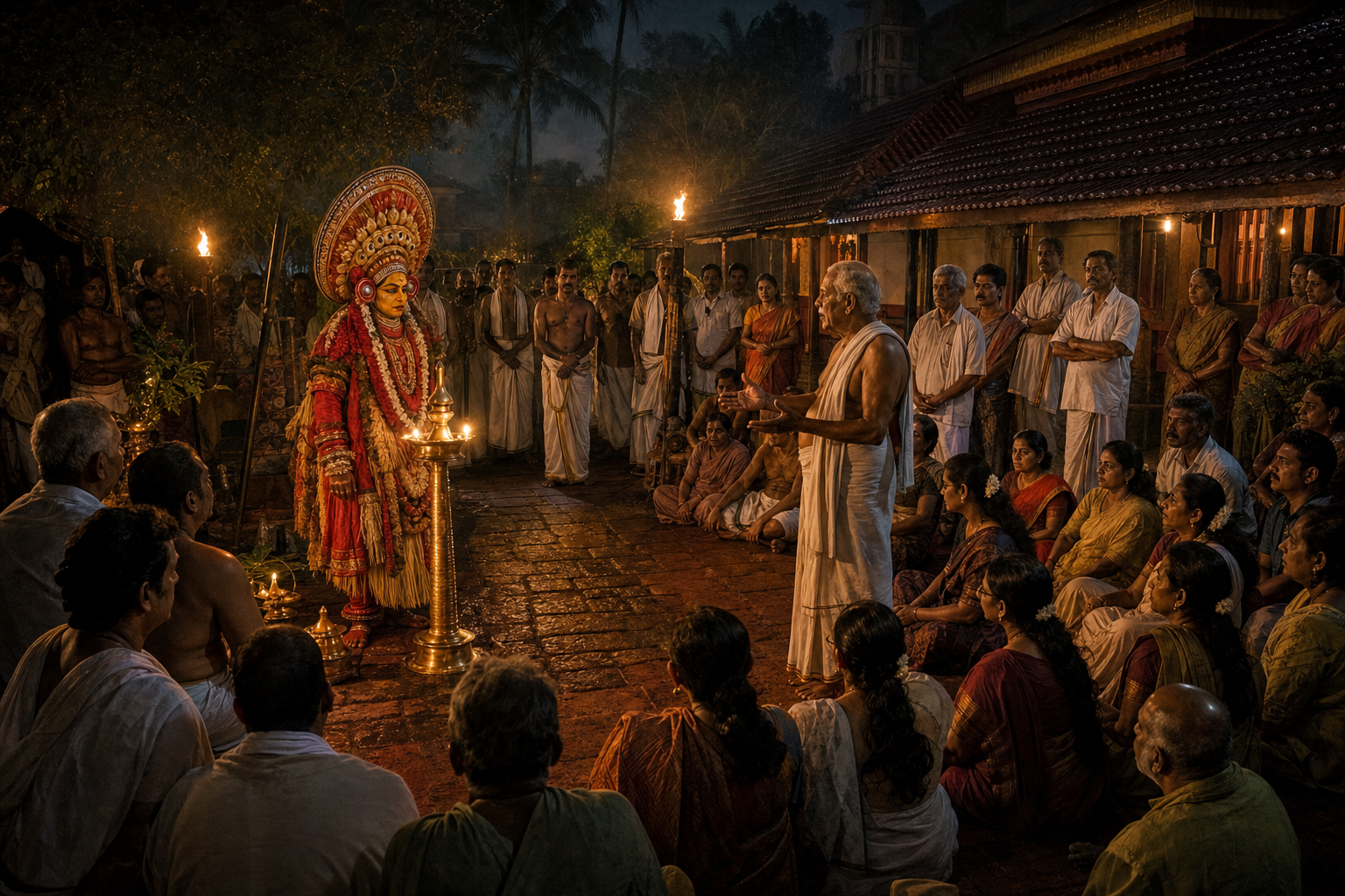 Community members gather around a daiva performer during a torch-lit night ritual in a tiled-roof Tulunadu courtyard.