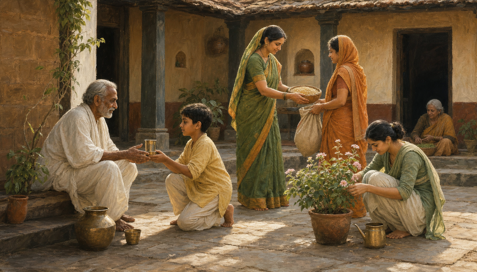 People in an Indian courtyard offer water, share grain, and care for a flowering plant.