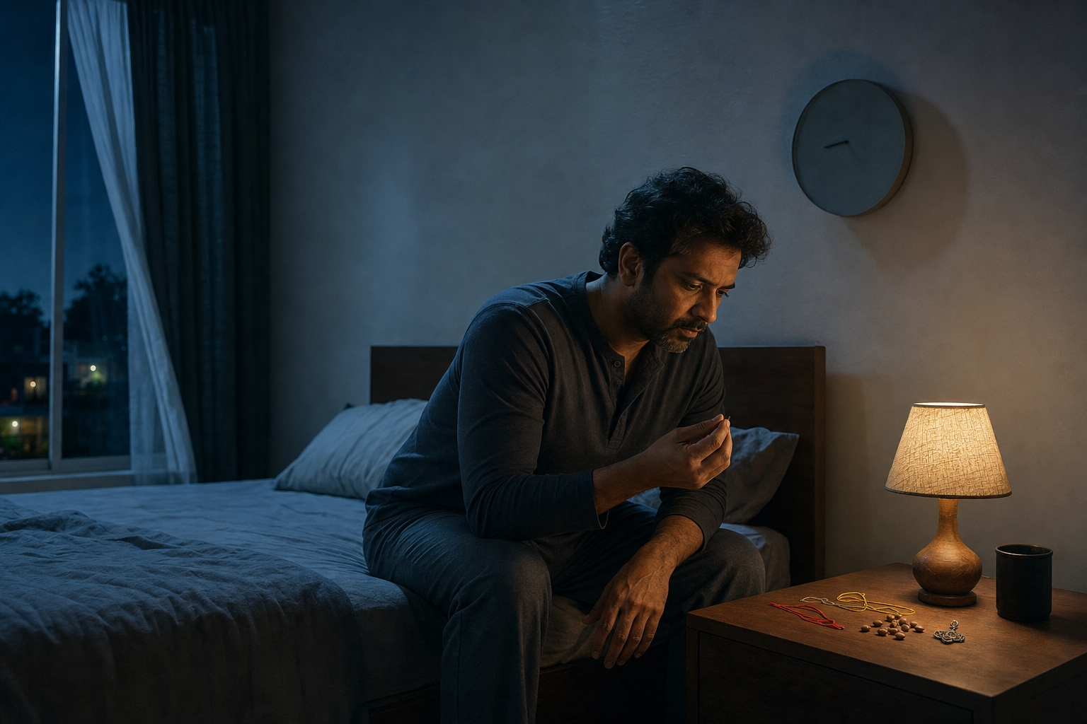 A worried person sits on a bed at night beside a table holding protective threads, seeds, and a small charm.