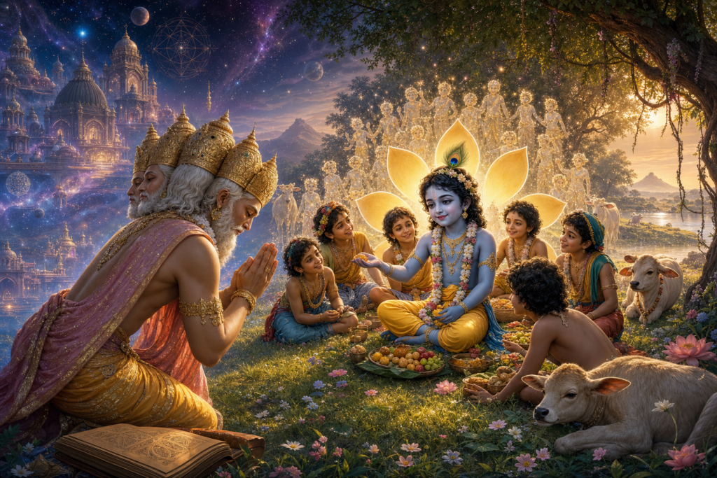 Brahmā bows before child Kṛṣṇa sharing lunch with cowherd friends and calves in luminous Vṛndāvana, framed by a golden lotus halo.