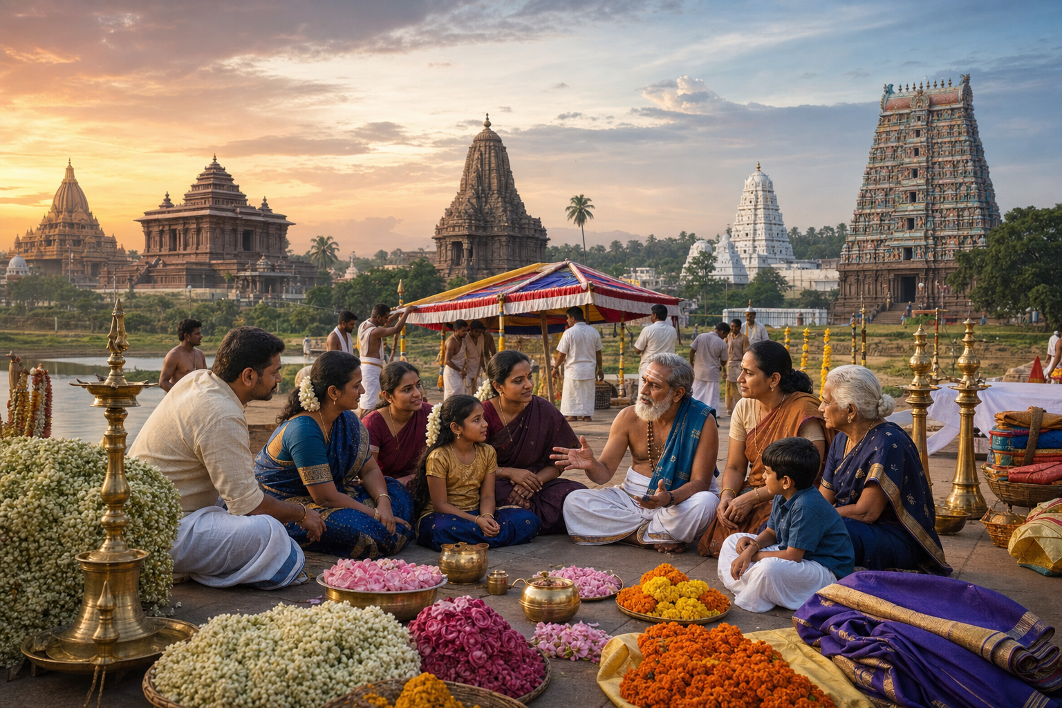Devotees speak with a priest in a temple courtyard as lamps, garlands and procession materials are prepared.