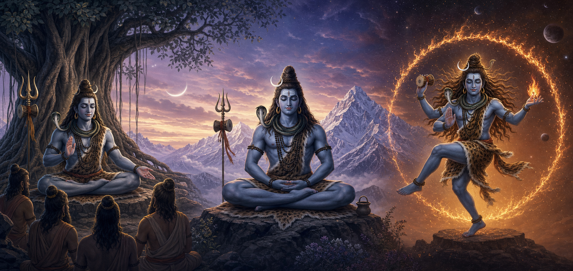 Three connected depictions show Shiva as a silent teacher beneath a tree, a meditating yogi, and a cosmic dancer.