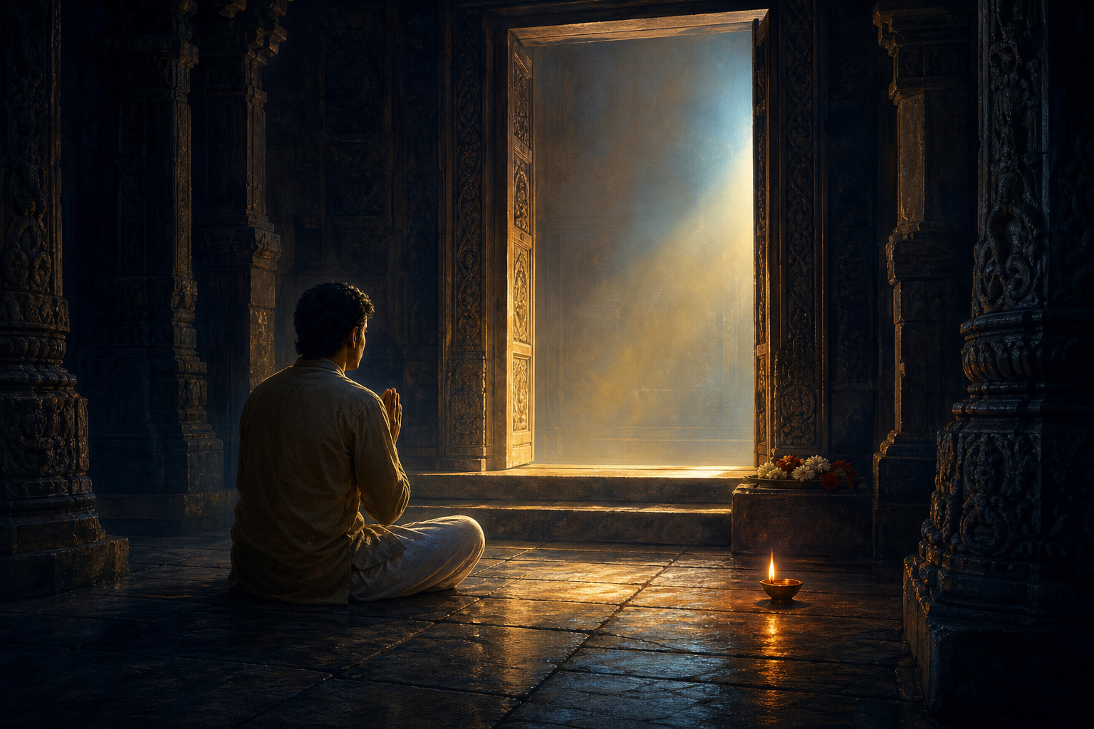 A seated devotee faces a temple sanctum illuminated by blue and golden light.