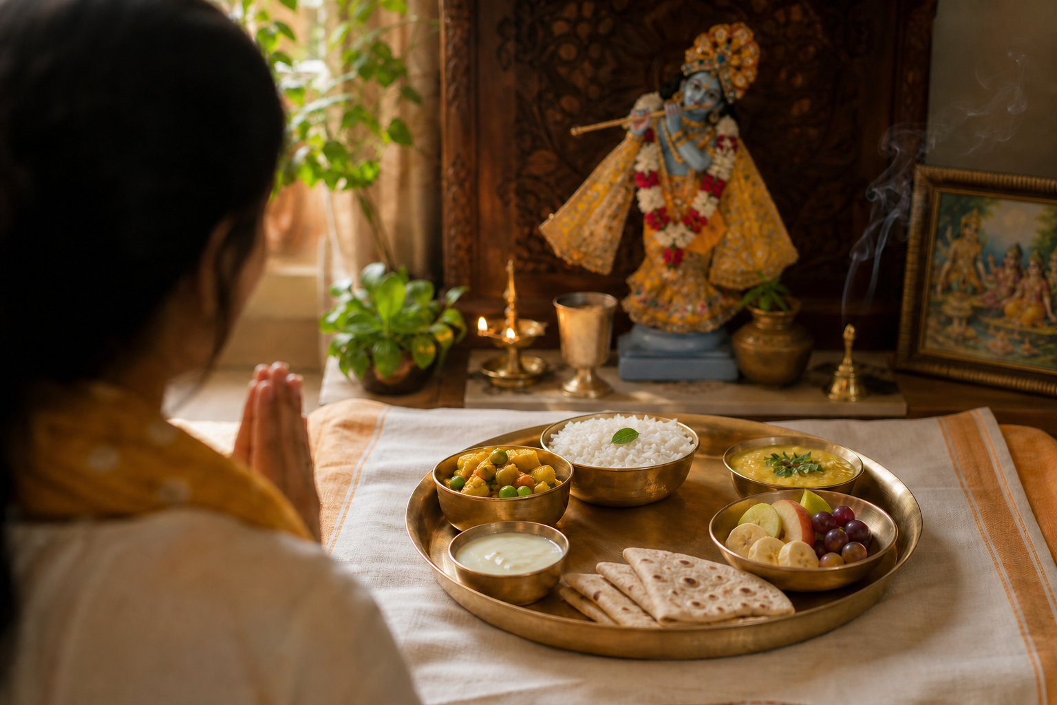 A vegetarian meal on a brass plate rests before a home Krishna shrine while a devotee sits with folded hands.