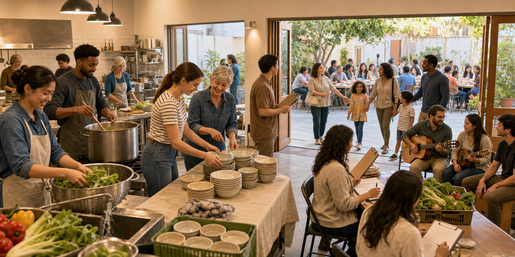 Volunteers coordinate cooking, supplies, musical instruments, and guest welcome inside a community kitchen connected to a courtyard meal.