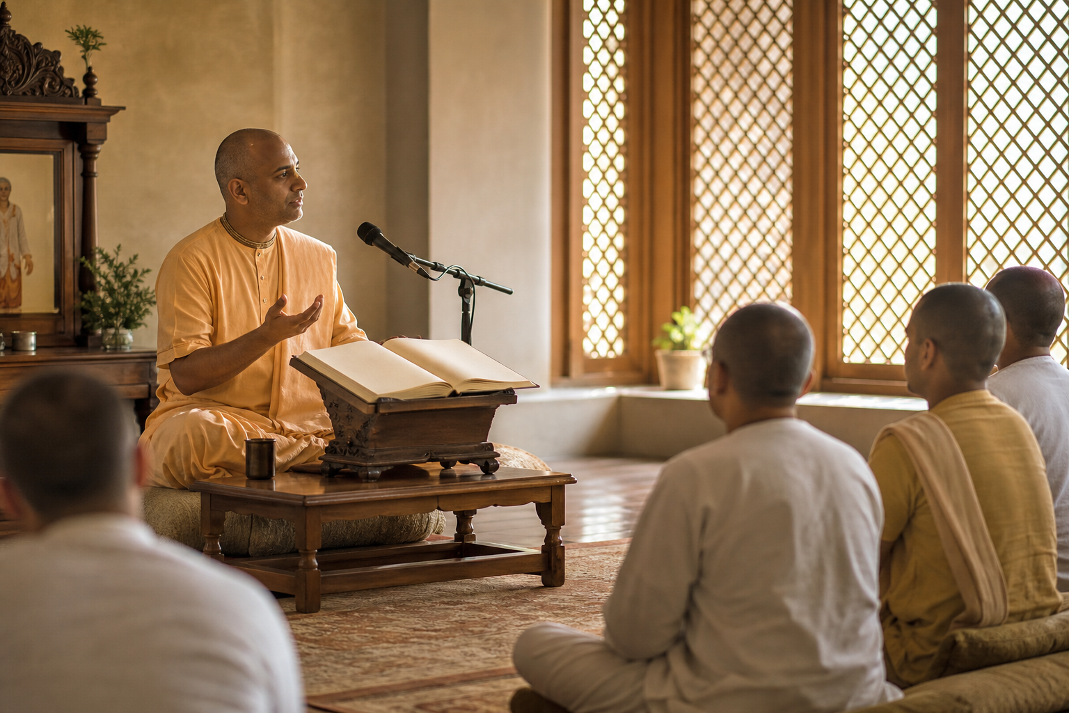 A Vaishnava teacher speaks beside an open sacred book and microphone while a small seated audience listens in a temple study hall.