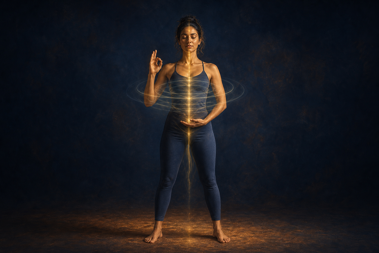 A standing practitioner combines posture and mudra as subtle light currents suggest breath and energy moving through the body.