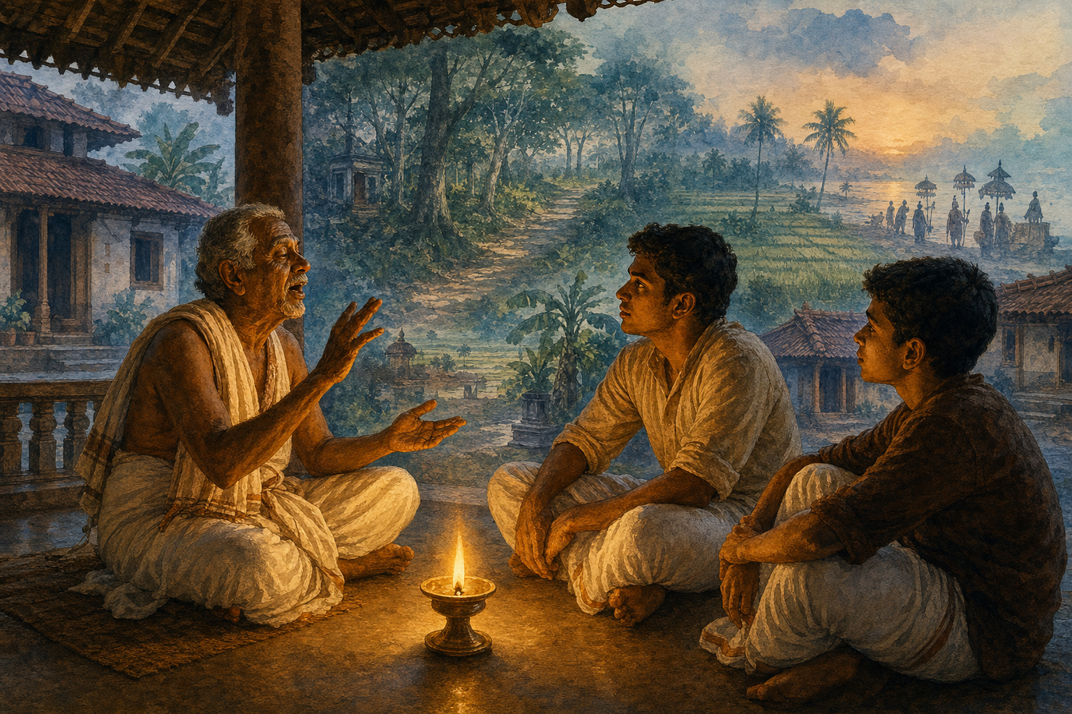An elder sings an oral paddana to two younger listeners on the veranda of an ancestral house as a ritual lamp burns nearby.