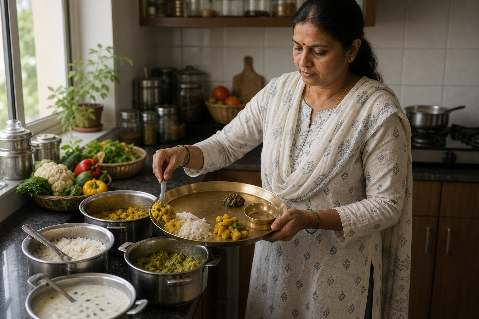 A devotee transfers untouched vegetarian food from clean pots to a dedicated brass offering plate.