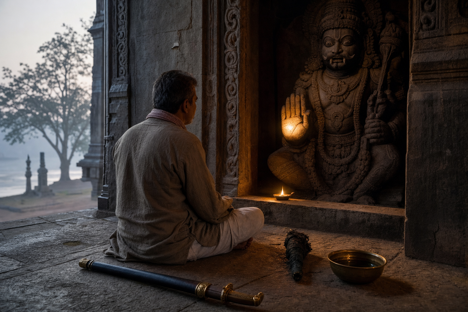 A seated devotee reflects before a fierce stone deity whose protective hand is illuminated by a lamp, with a sheathed weapon and bowl of water nearby.
