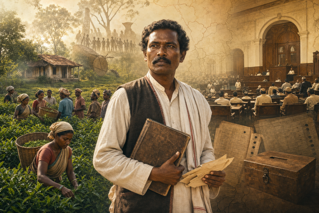 Editorial illustration of Jibon Santal holding a ledger and papers between a Sreemangal tea garden and a historic legislative chamber.