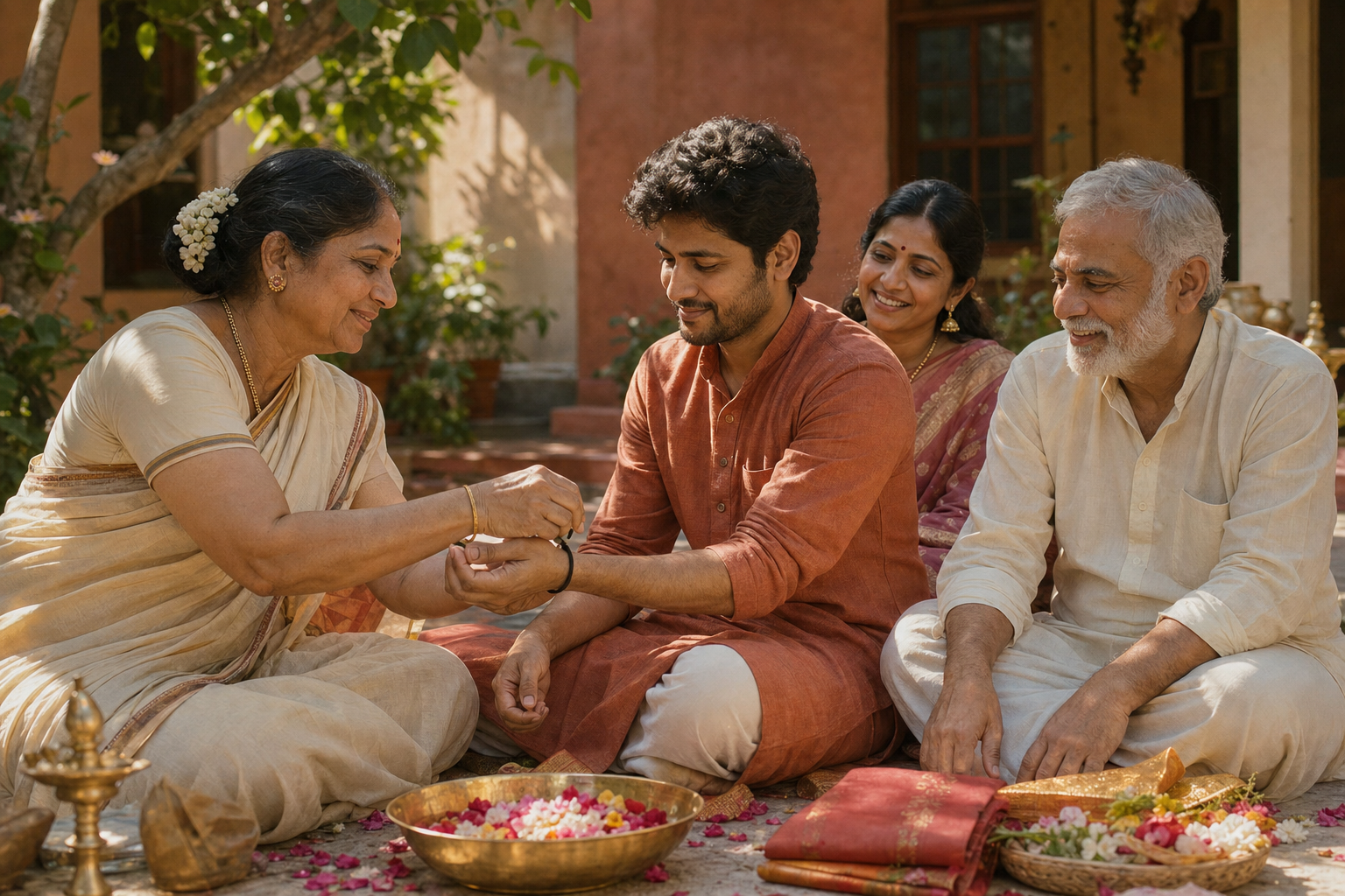 An older family member ties a black thread around a younger adult's wrist as relatives watch in a sunlit courtyard.