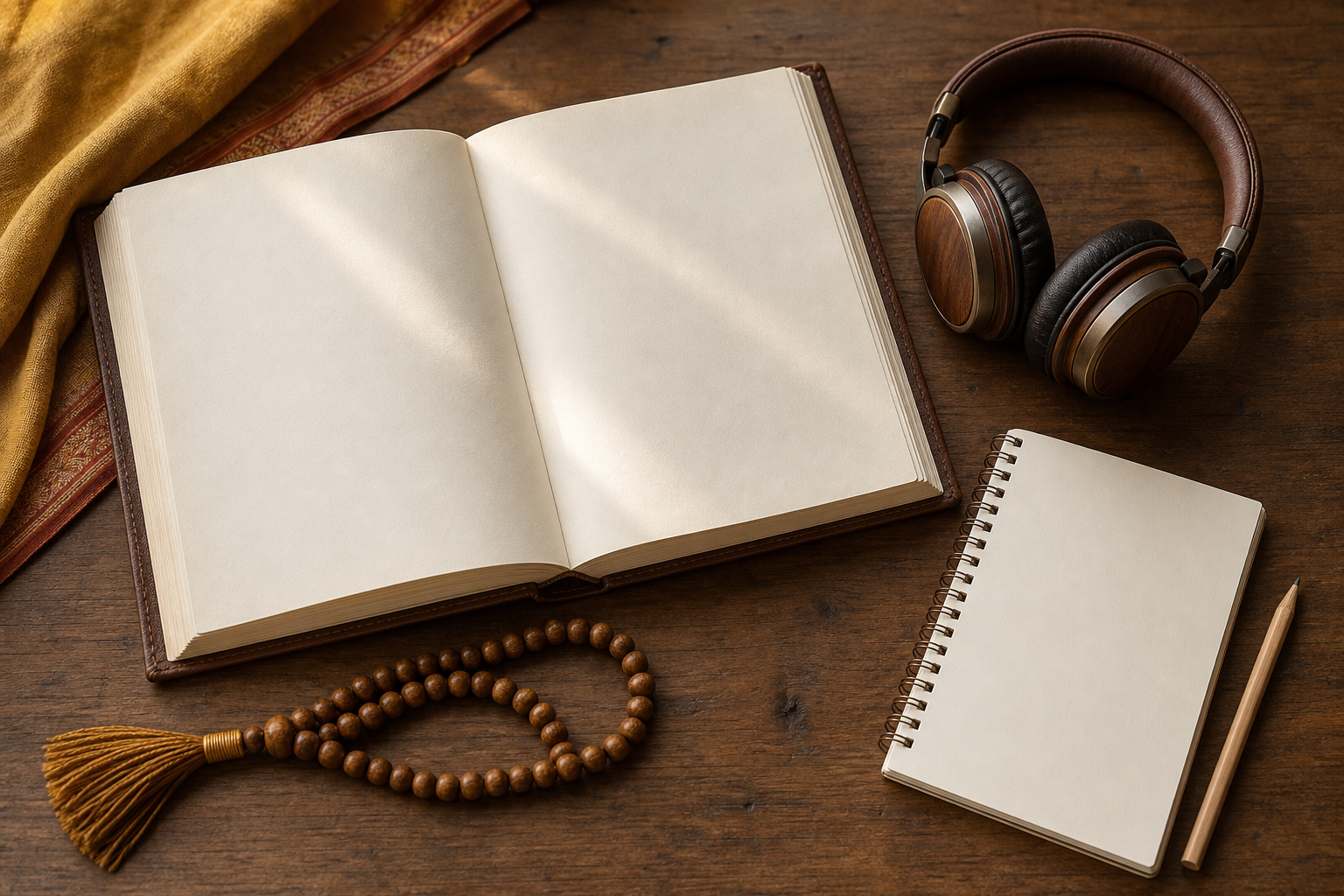 An open sacred book, prayer beads, headphones, blank notebook, and pencil are arranged on a wooden study desk.