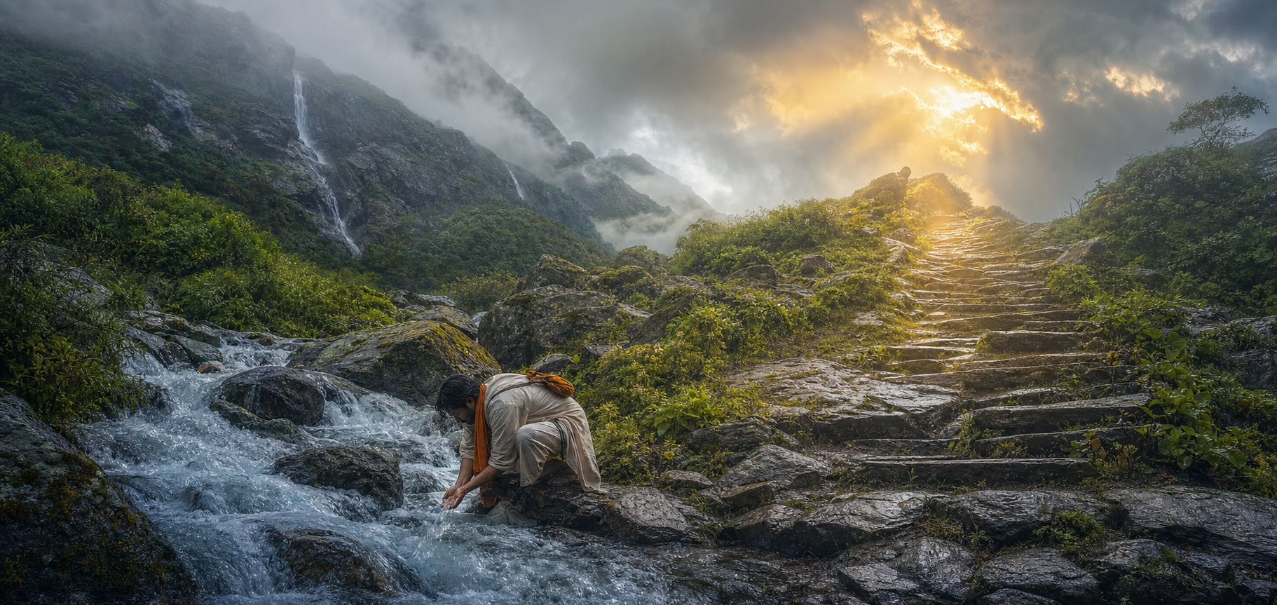 A traveler washes beside a mountain stream before climbing sunlit stone steps through mist.