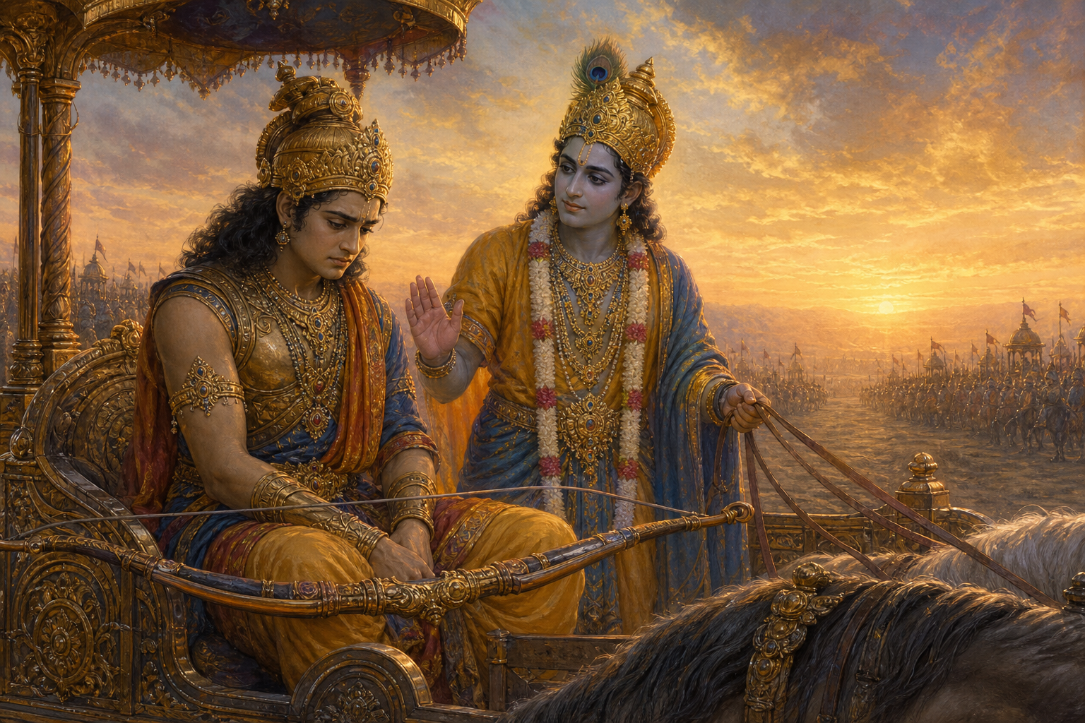 Arjuna sits discouraged in an ancient chariot with his bow lowered while Krishna calmly offers guidance at dawn.