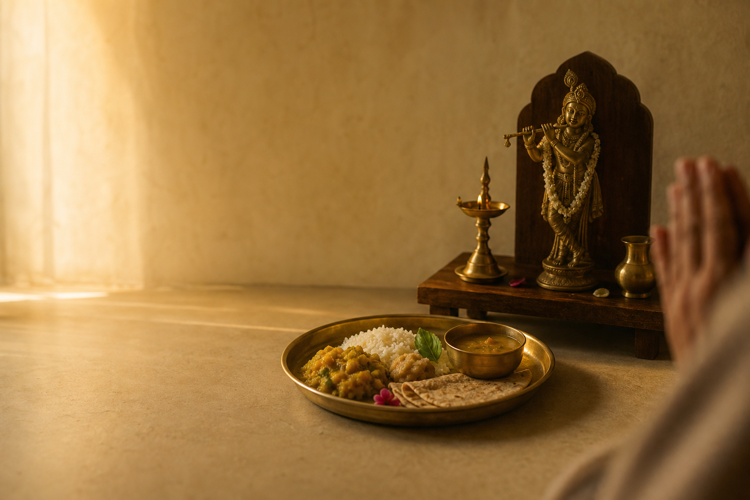 A brass plate of vegetarian food, a flower, and a tulasi leaf sit before a shrine beside a devotee's folded hands.