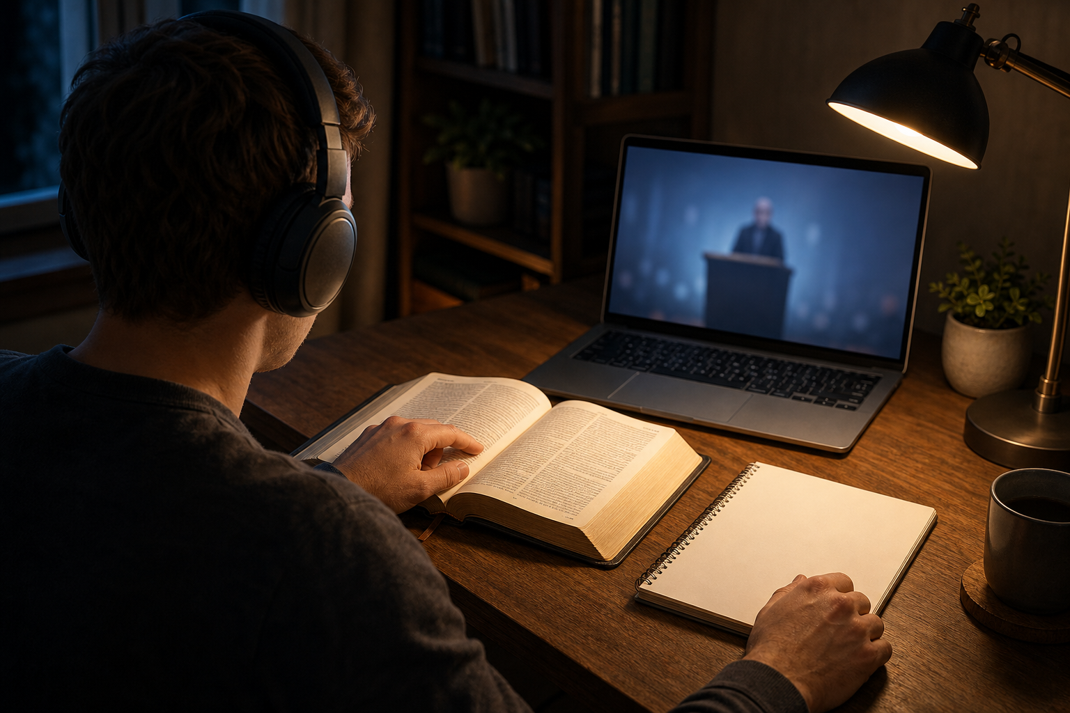 A person wearing headphones compares an open sacred book with an unlabeled lecture video on a laptop and keeps a blank notebook nearby.