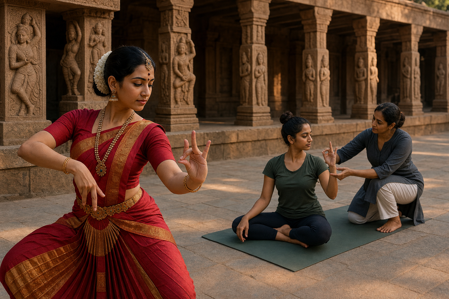 A classical dancer, a yoga practitioner, and a teacher explore related hand gestures in a sunlit temple courtyard.