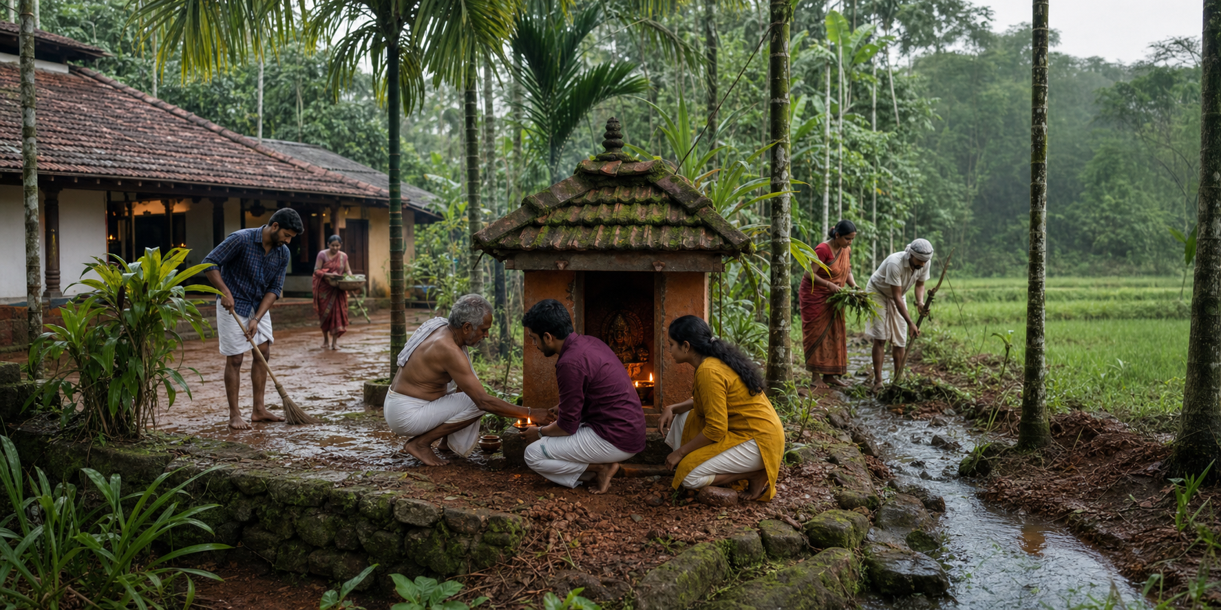Several generations tend a daiva shrine, oil lamps, fields and a water channel within a lush Tulunadu landscape.