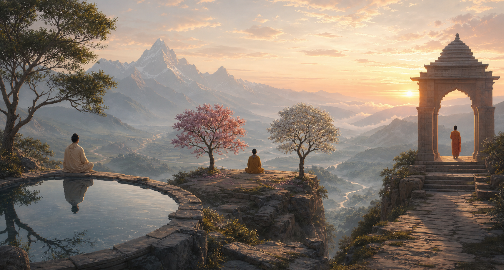 Three travelers contemplate the same mountain valley from separate overlooks at dawn.