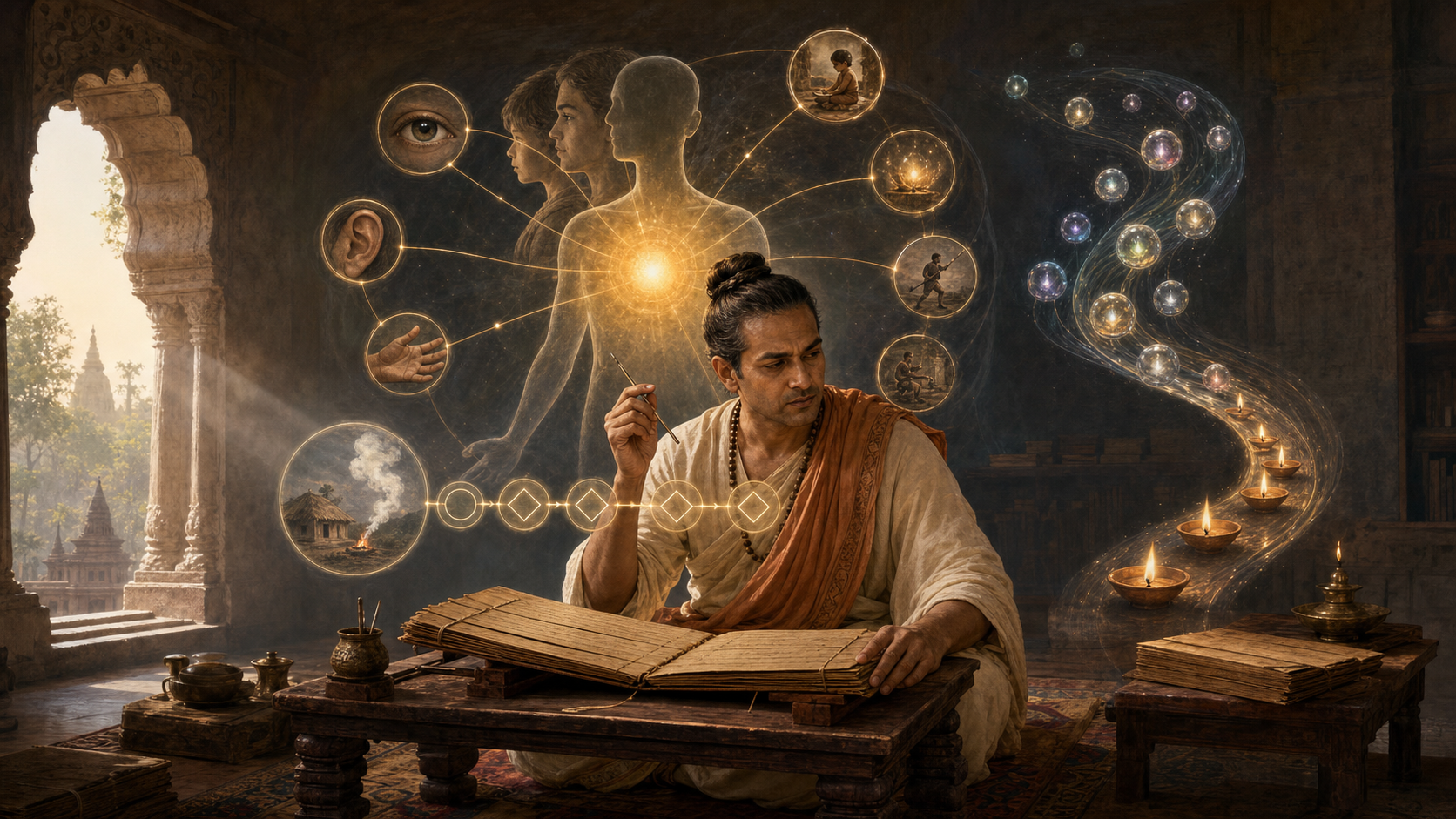 Medieval Indian philosopher studies a palm-leaf manuscript as glowing diagrams contrast an enduring self with a stream of changing moments.